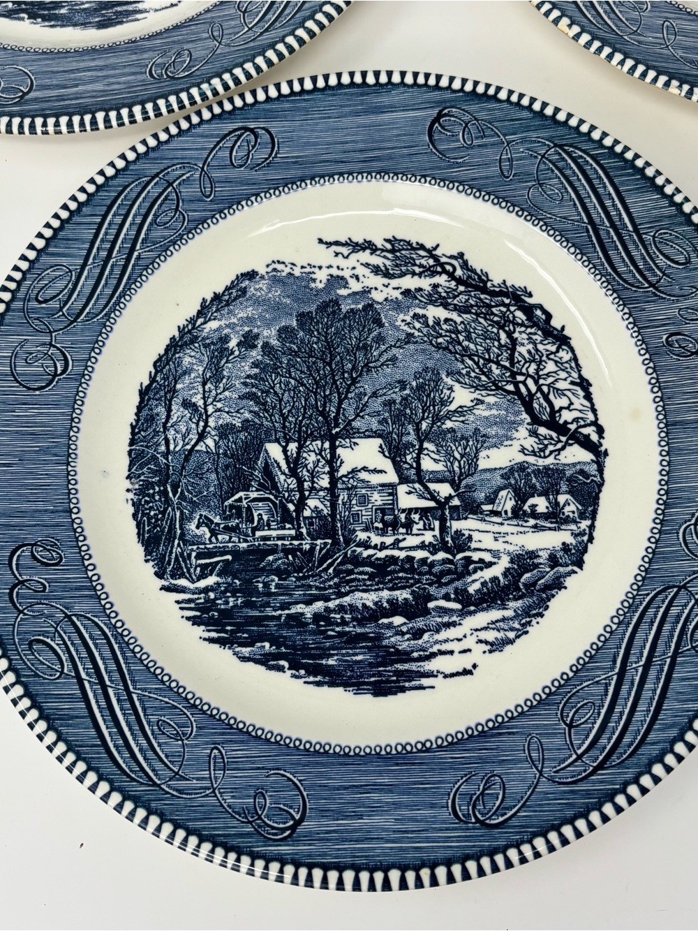 Currier & Ives Royal Blue 10" Dinner Plates Set of 3 Vintage Old Grist Mill USA - Picture 2 of 11